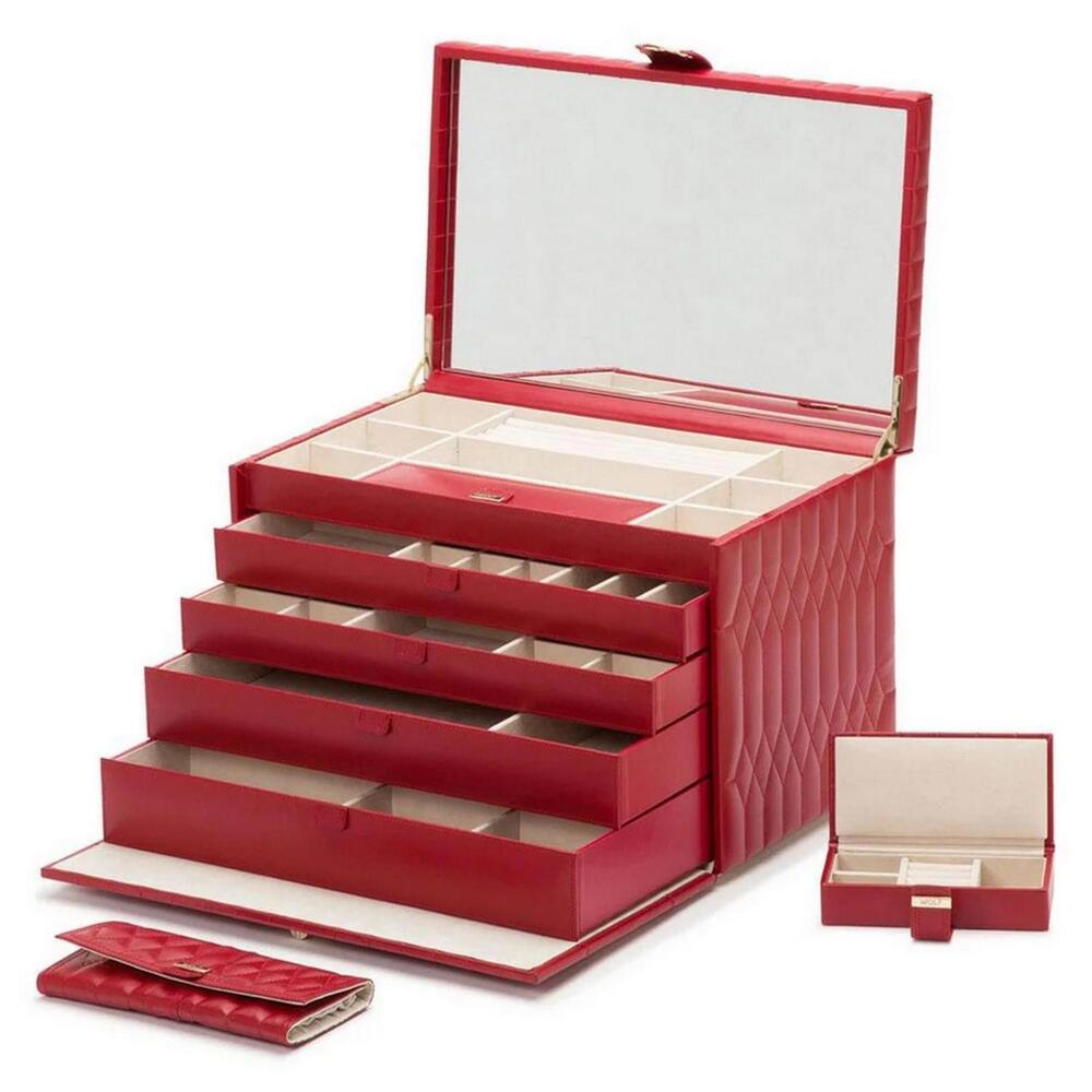 WOLF Caroline Extra Large Jewelry Case with Drawers & Mirror in Red, 329572